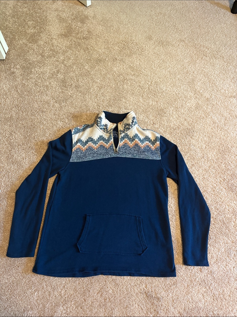 Men's Navy Quarter-Zip Sweater with Patterned Yoke